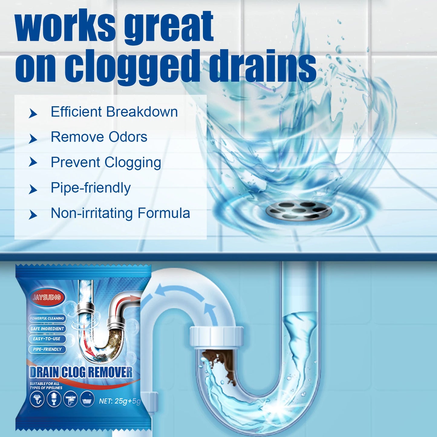 Toilet or Kitchen Drain Blockage, Non-Irritating, Clean, Deodorant Powder