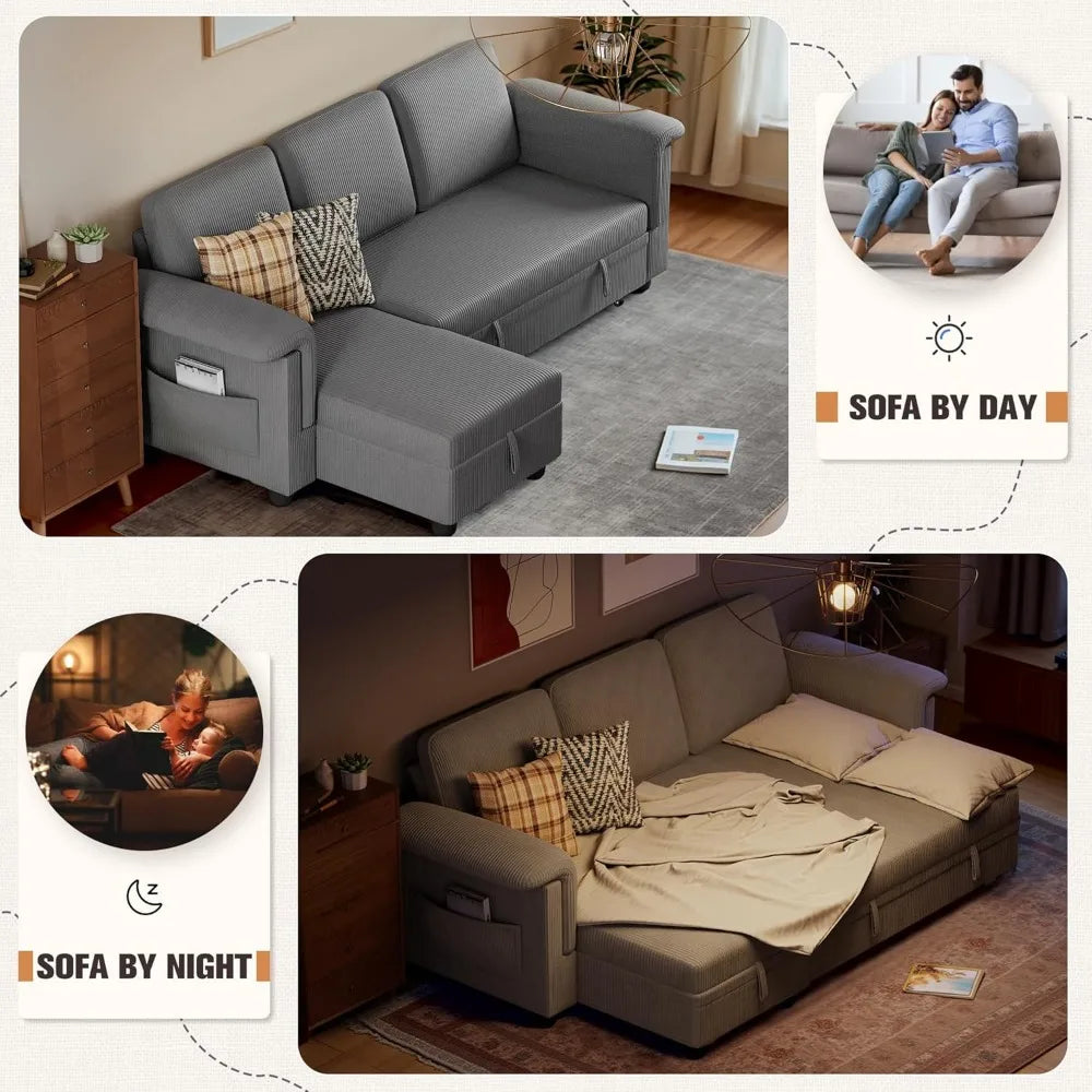 Pull Out Sleeper Couch with Storage and Reversible Chaise