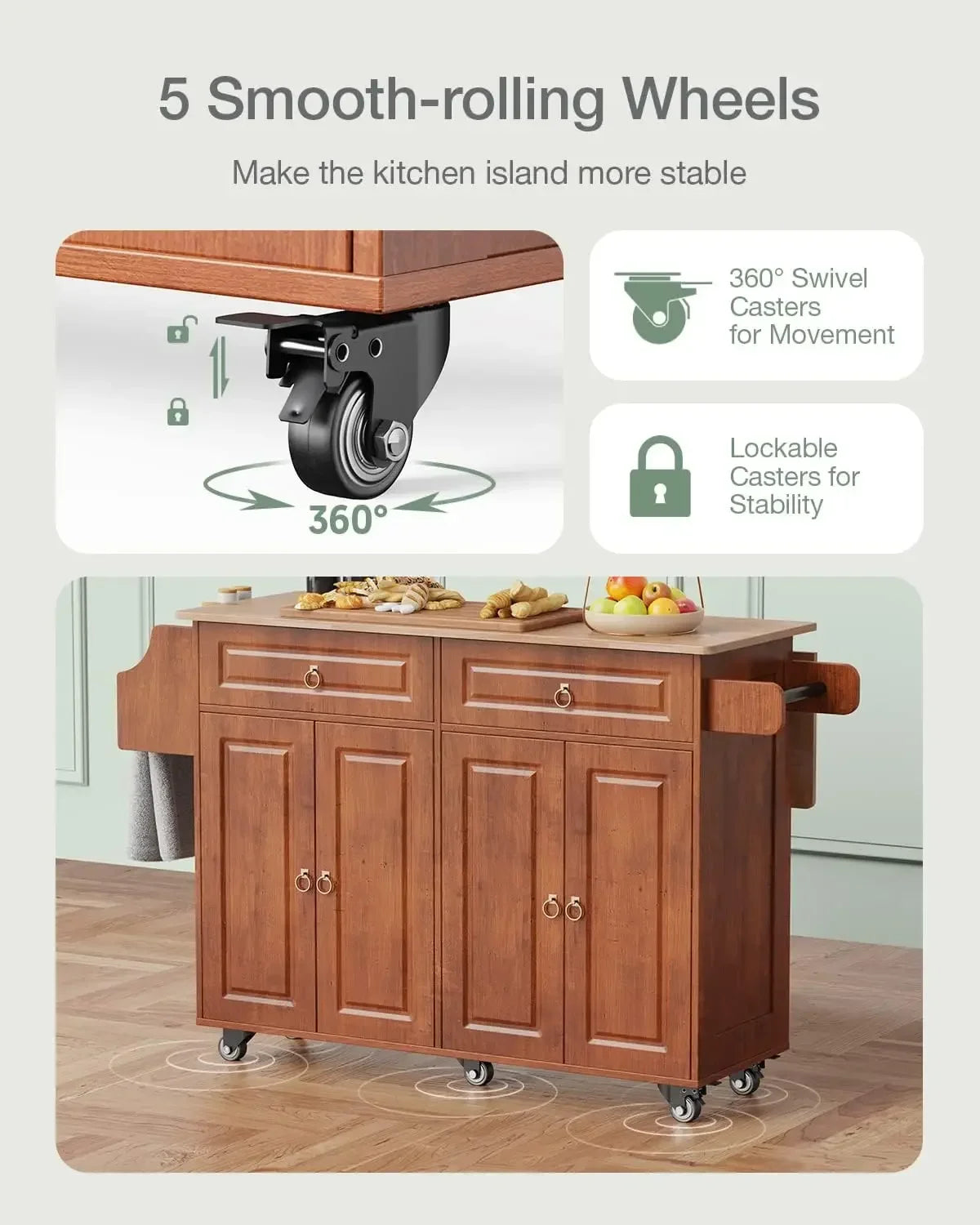 Kitchen Island with Drop Leaf and Storage on Wheels