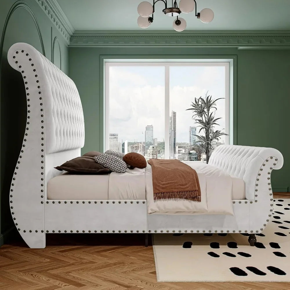 Queen Size Velvet Upholstered Platform Sleigh Bed with Scroll Headboard & Footboard