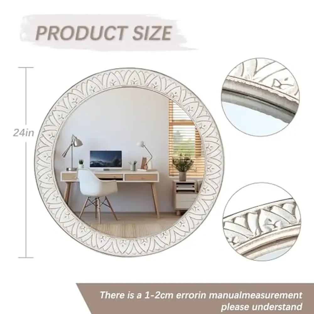 24" Round Distressed Wooden Frame - Decorative Wall Mirror