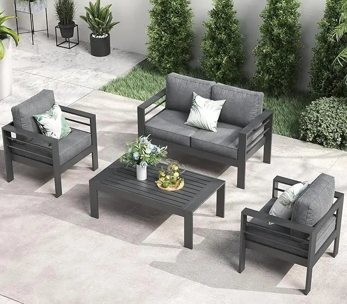 5 Piece Aluminum Patio Furniture Set with Fire Pit Table