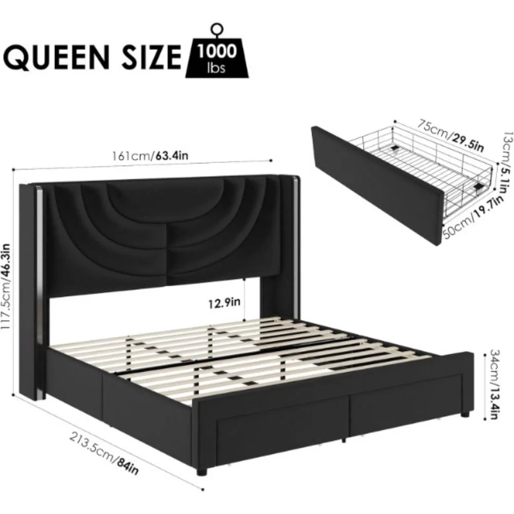 Upholstered Bed Frame with 2 Storage Drawers