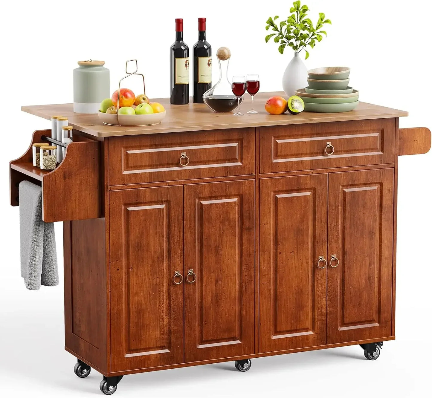 Kitchen Island with Drop Leaf and Storage on Wheels