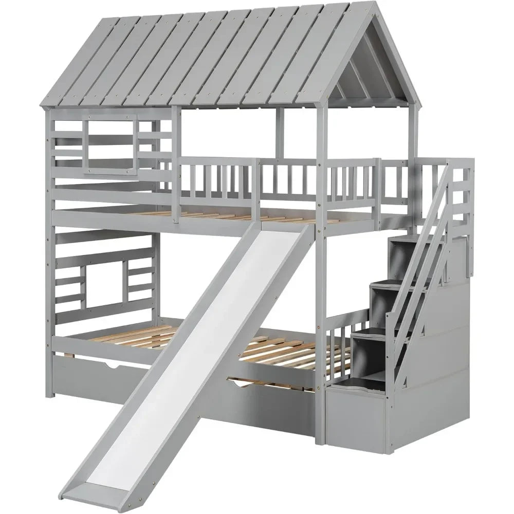 Kids Twin Over Twin Bunk Beds with Slide and Trundle with Stairs and Storage