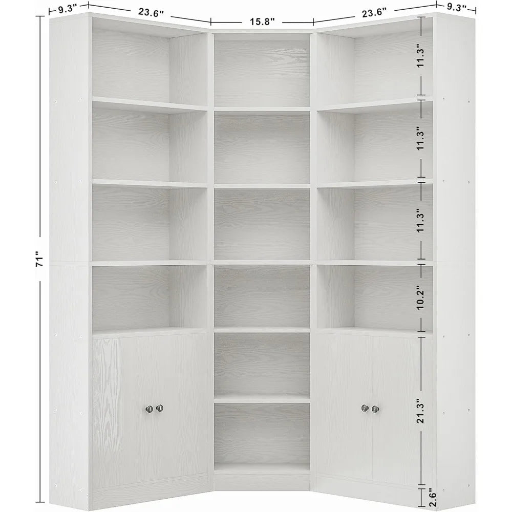 71" Corner Bookshelf with 2 Storage Cabinets and 7 Tier Adjustable Shelves