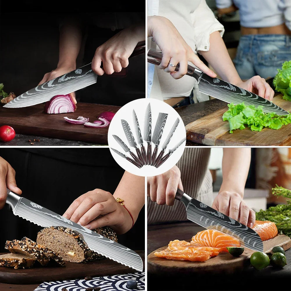 Laser Damascus Pattern Japanese Kitchen Knives Set With Chef Knife