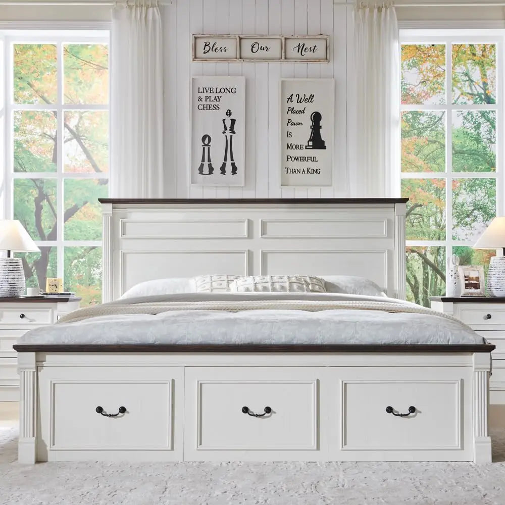 Farmhouse King Size Bed Frame with 51" Tall Headboard, 20" Tall Footboard