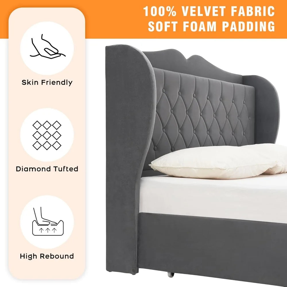 Velvet Upholstered Platform Bed with Tall Headboard, Charging Station and 4 Storage Drawers