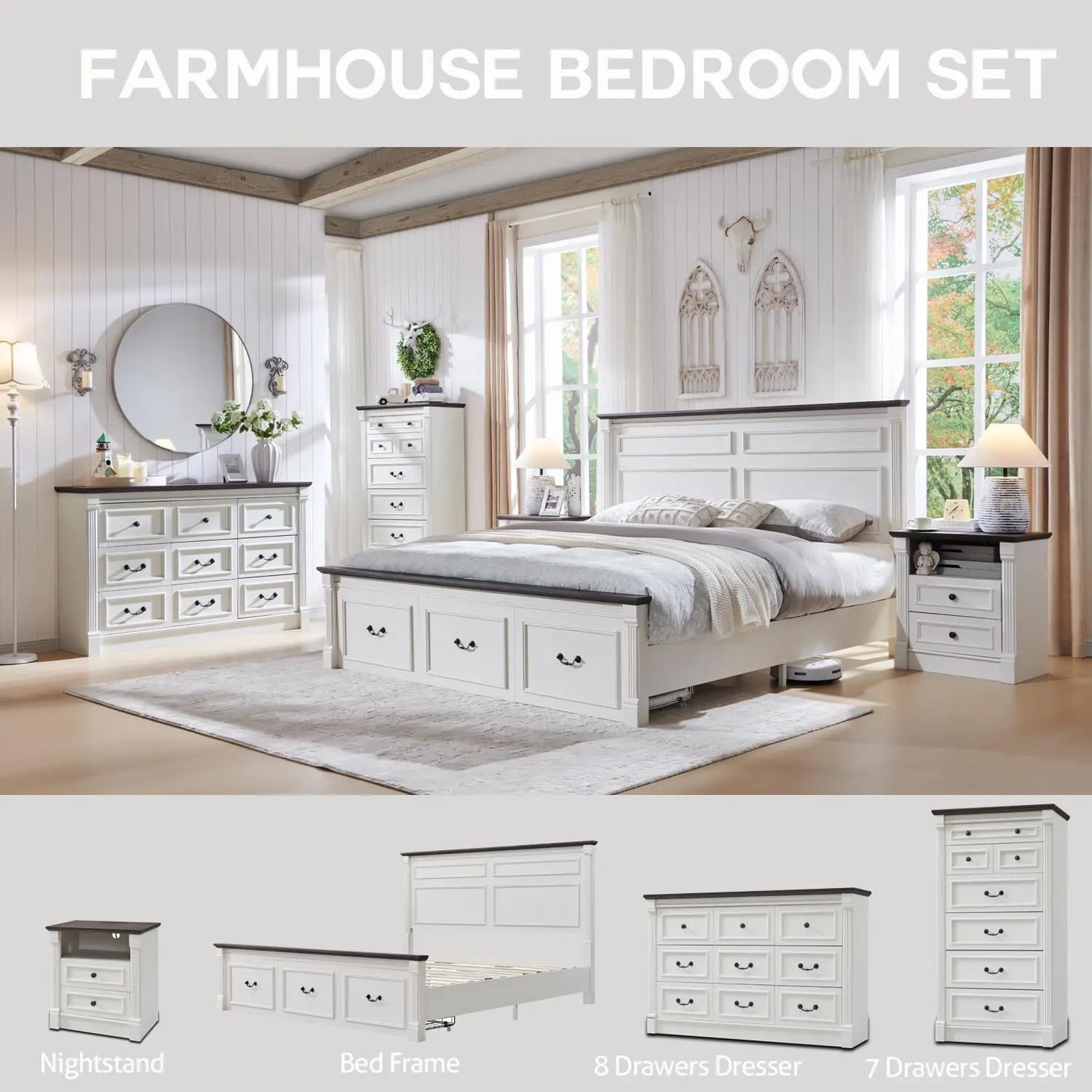 Farmhouse King Size Bed Frame with 51" Tall Headboard, 20" Tall Footboard