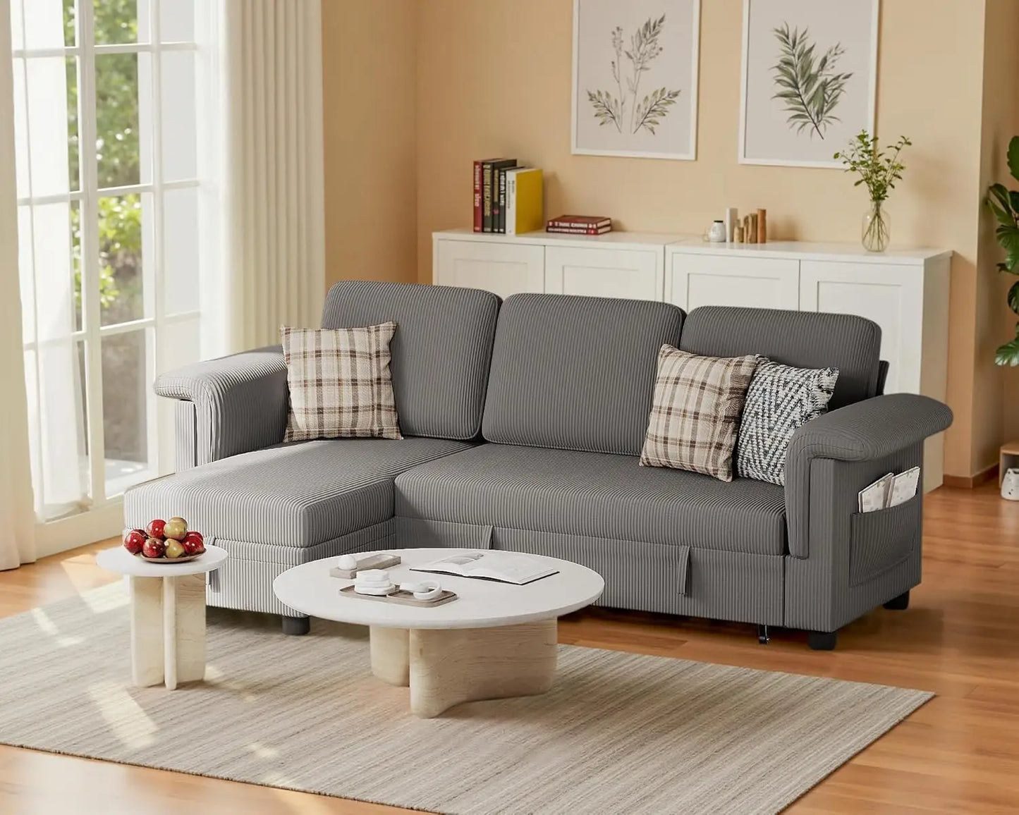 Pull Out Sleeper Couch with Storage and Reversible Chaise