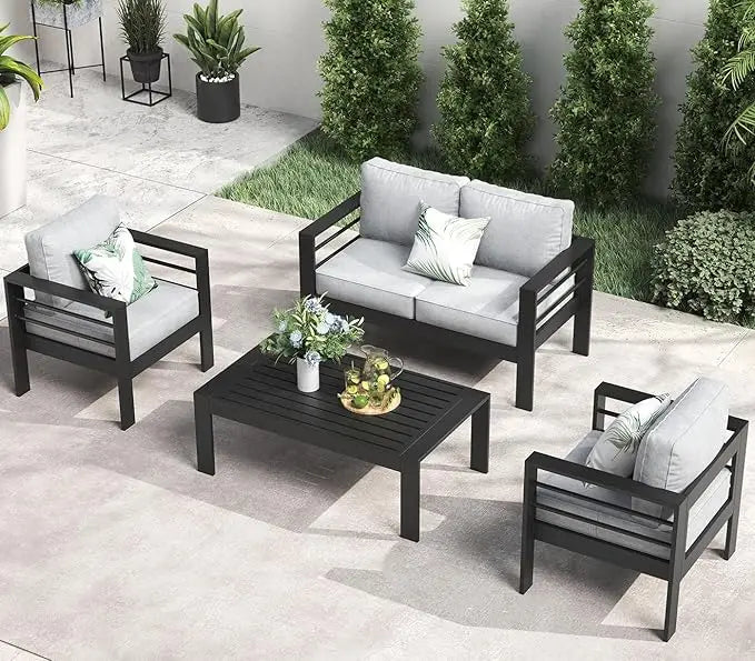 5 Piece Aluminum Patio Furniture Set with Fire Pit Table