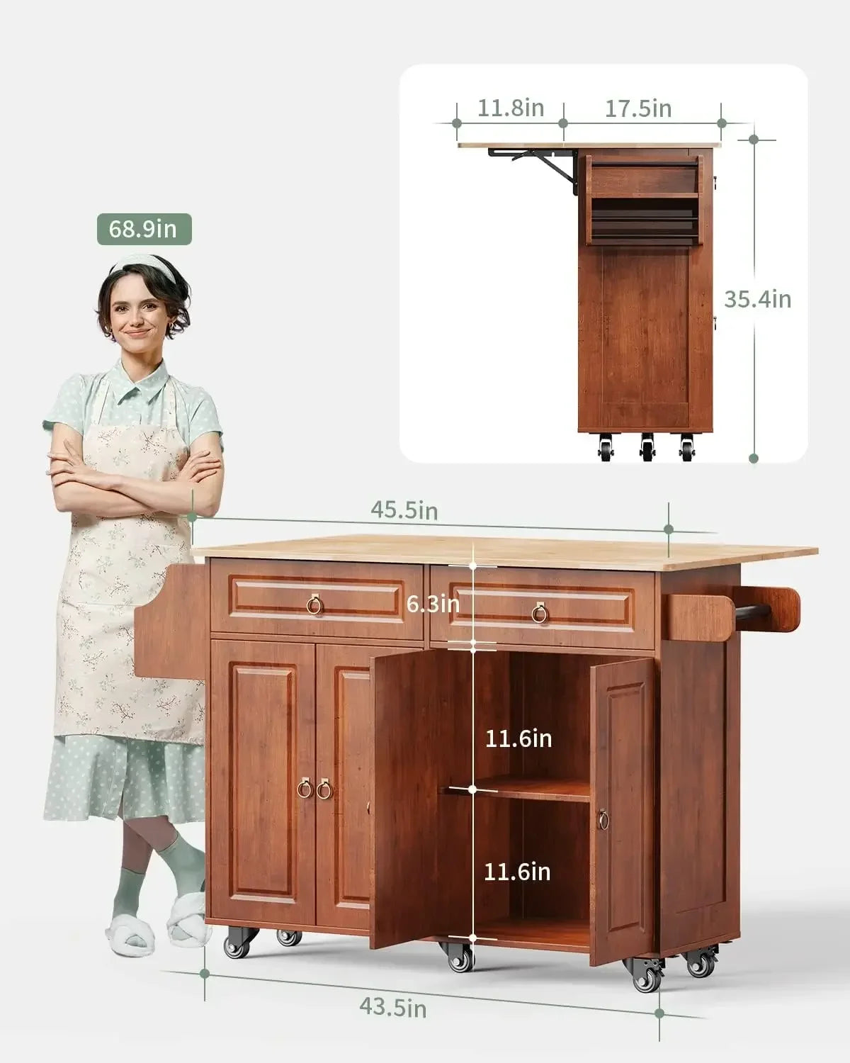 Kitchen Island with Drop Leaf and Storage on Wheels