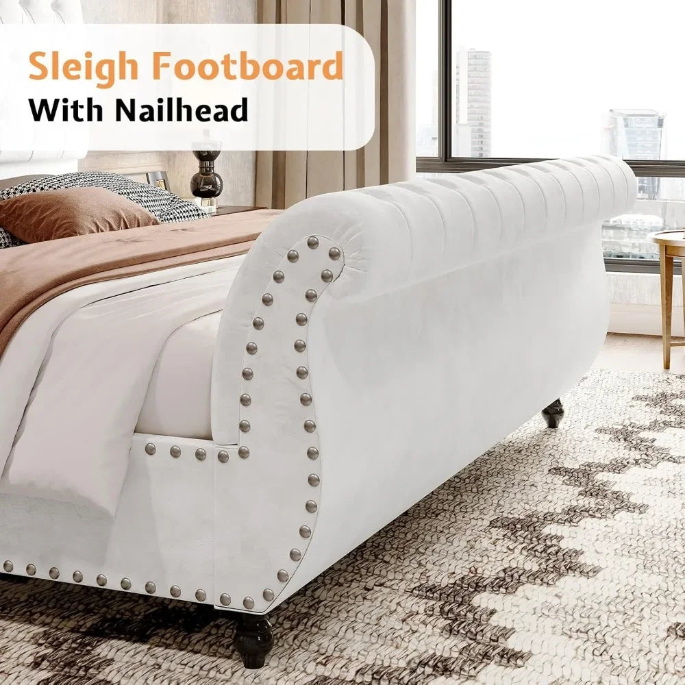 Queen Size Velvet Upholstered Platform Sleigh Bed with Scroll Headboard & Footboard