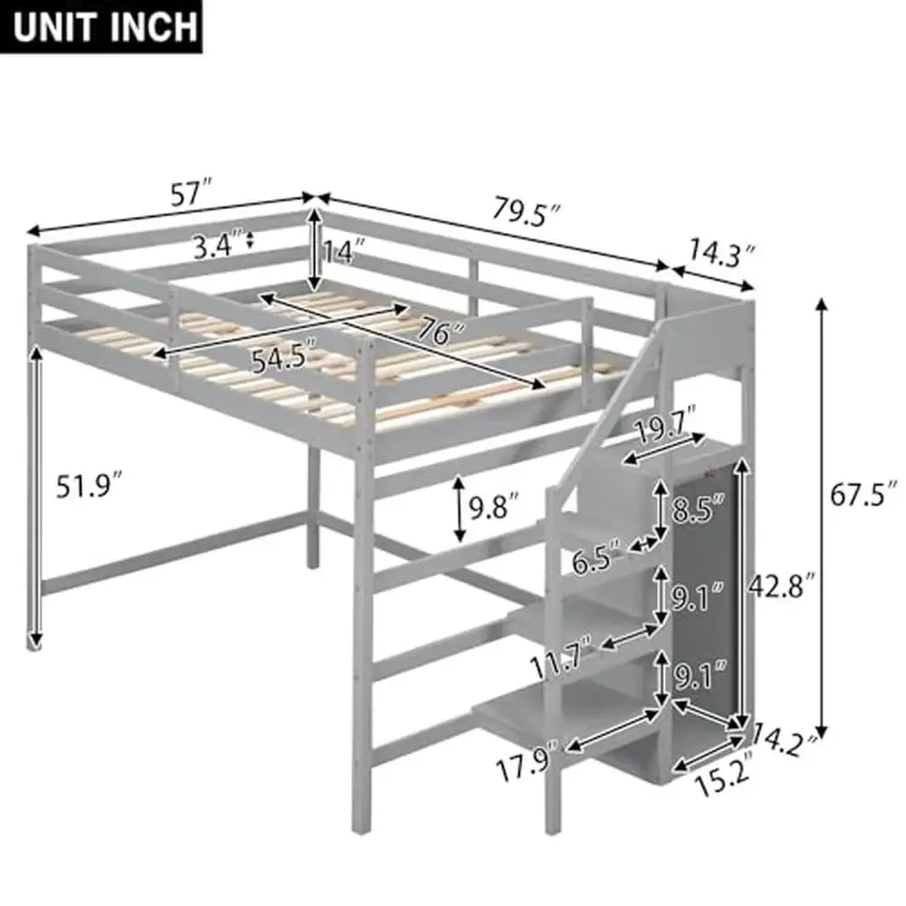 Full Size Loft Bed with Storage Wardrobe and Staircase