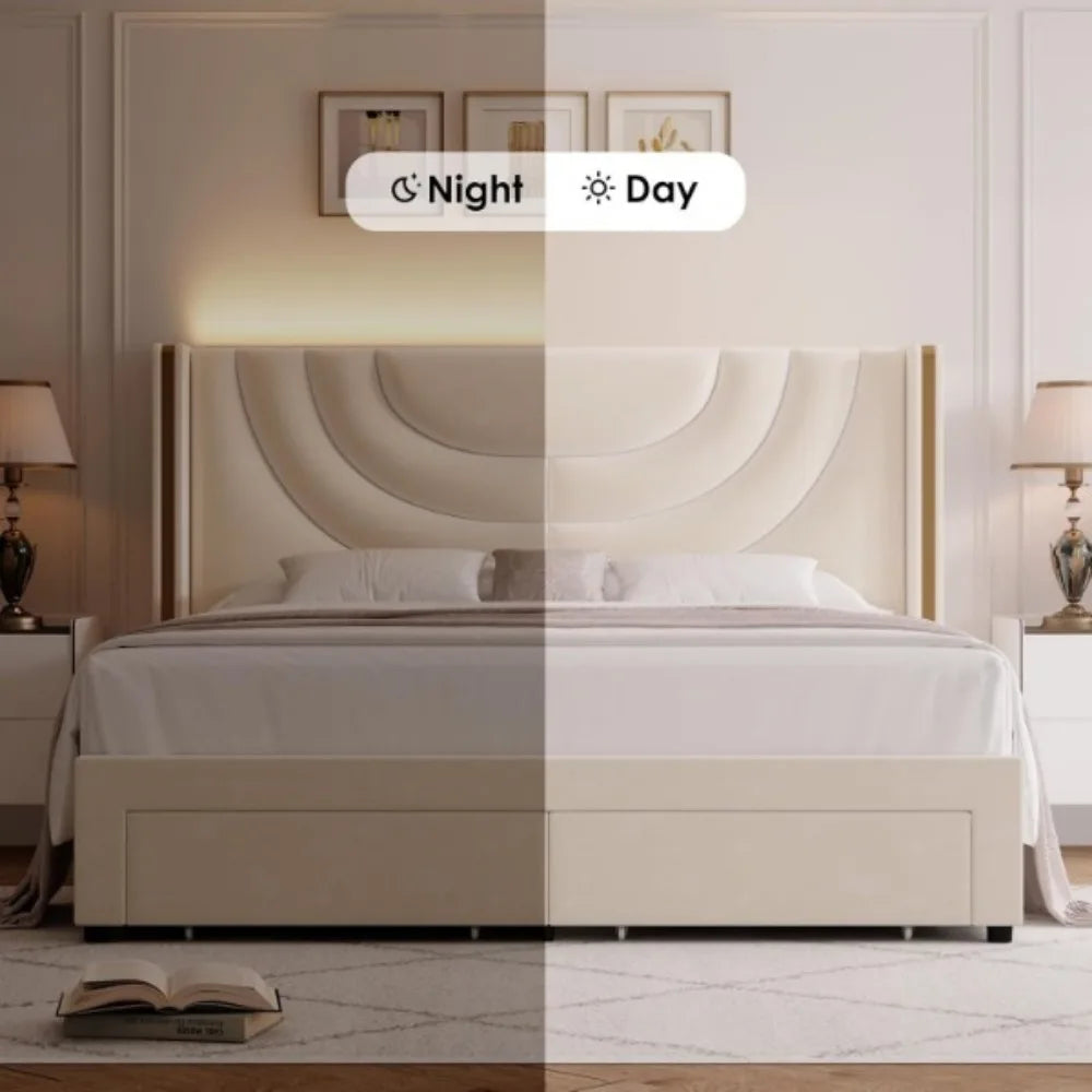 Upholstered Bed Frame with 2 Storage Drawers