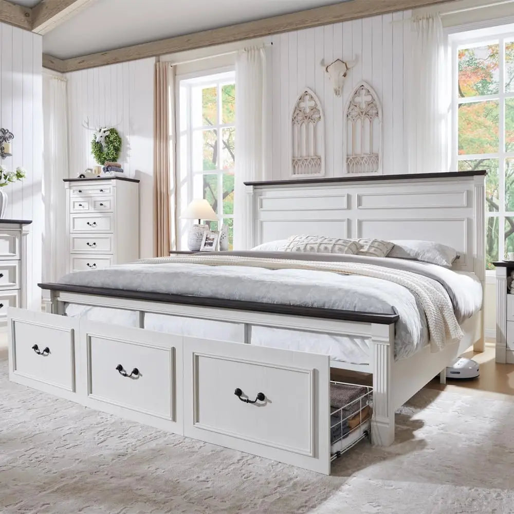 Farmhouse King Size Bed Frame with 51" Tall Headboard, 20" Tall Footboard