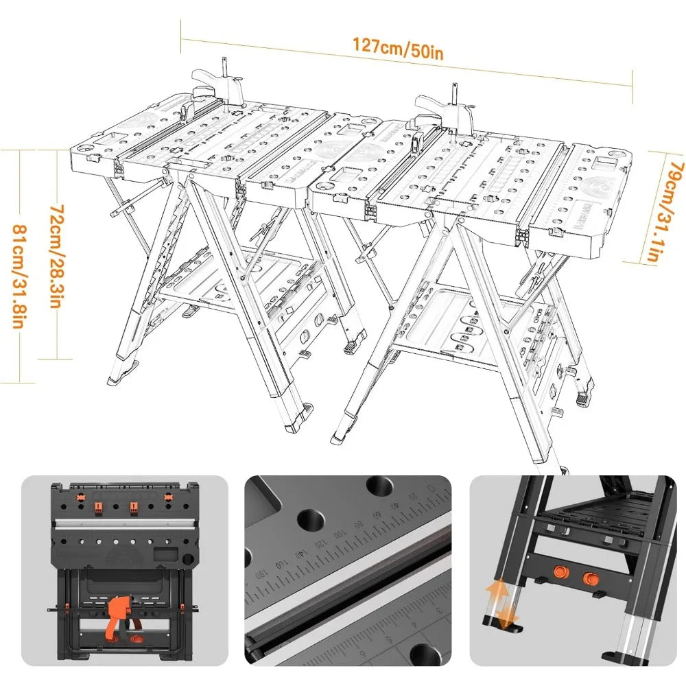 Combined Portable Folding Work Table - 2-in-1 Sawhorse & Workbench
