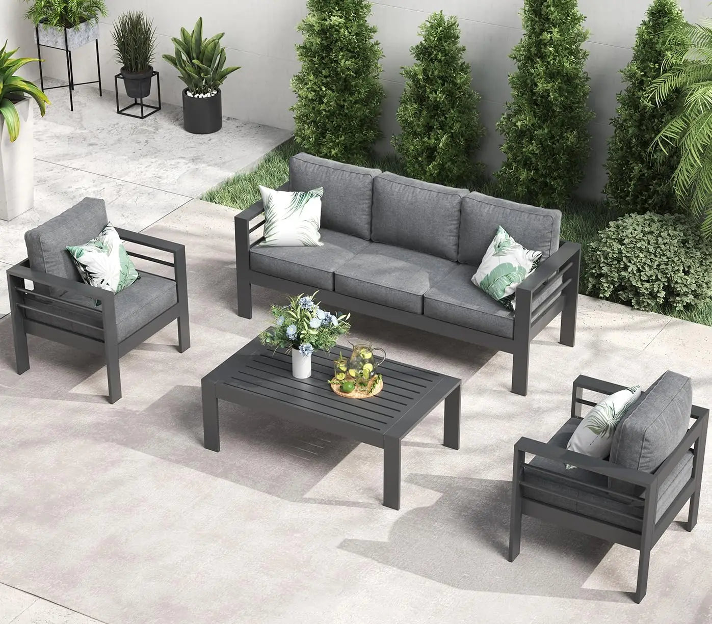 5 Piece Aluminum Patio Furniture Set with Fire Pit Table