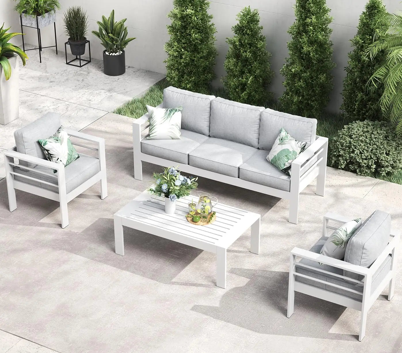 5 Piece Aluminum Patio Furniture Set with Fire Pit Table