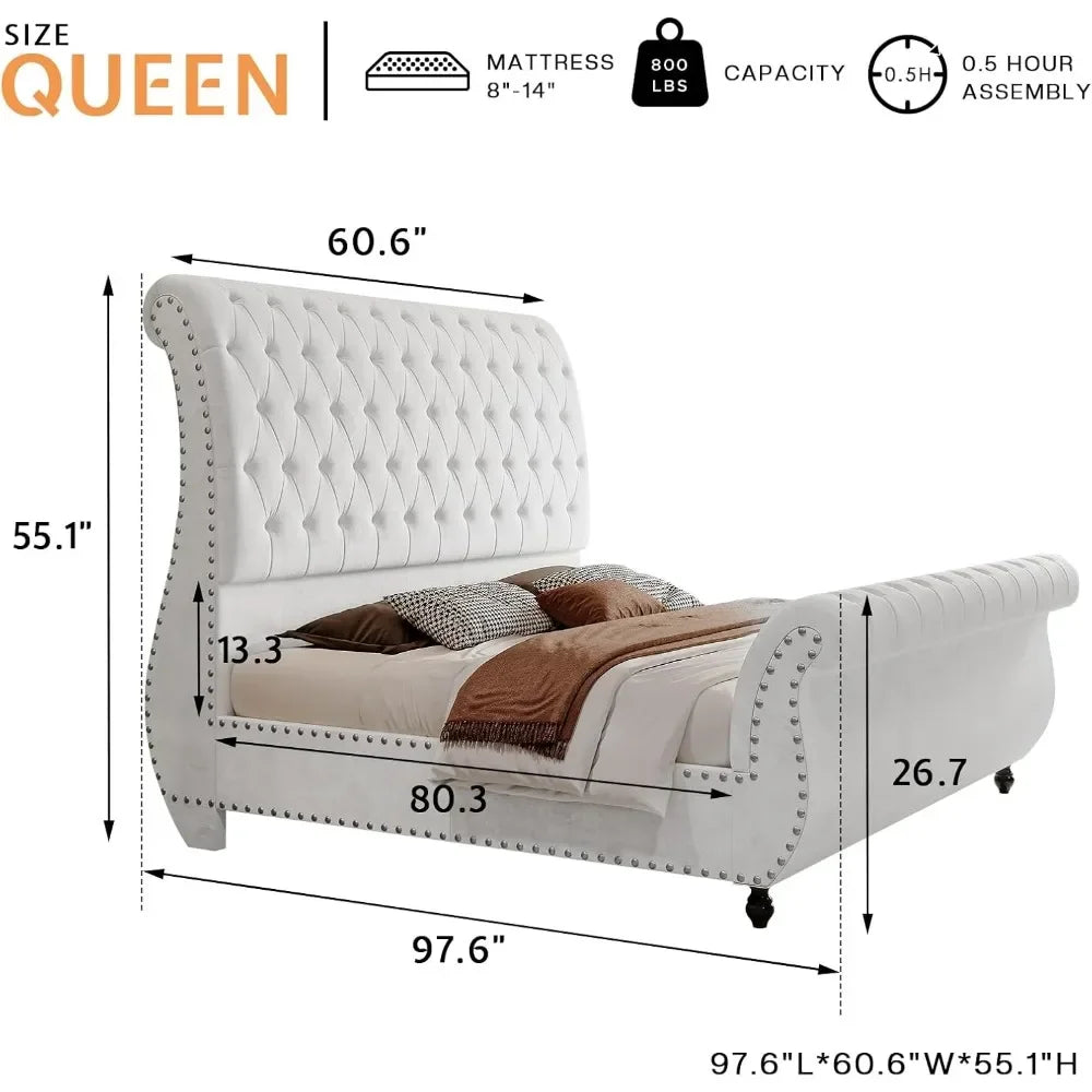 Queen Size Velvet Upholstered Platform Sleigh Bed with Scroll Headboard & Footboard