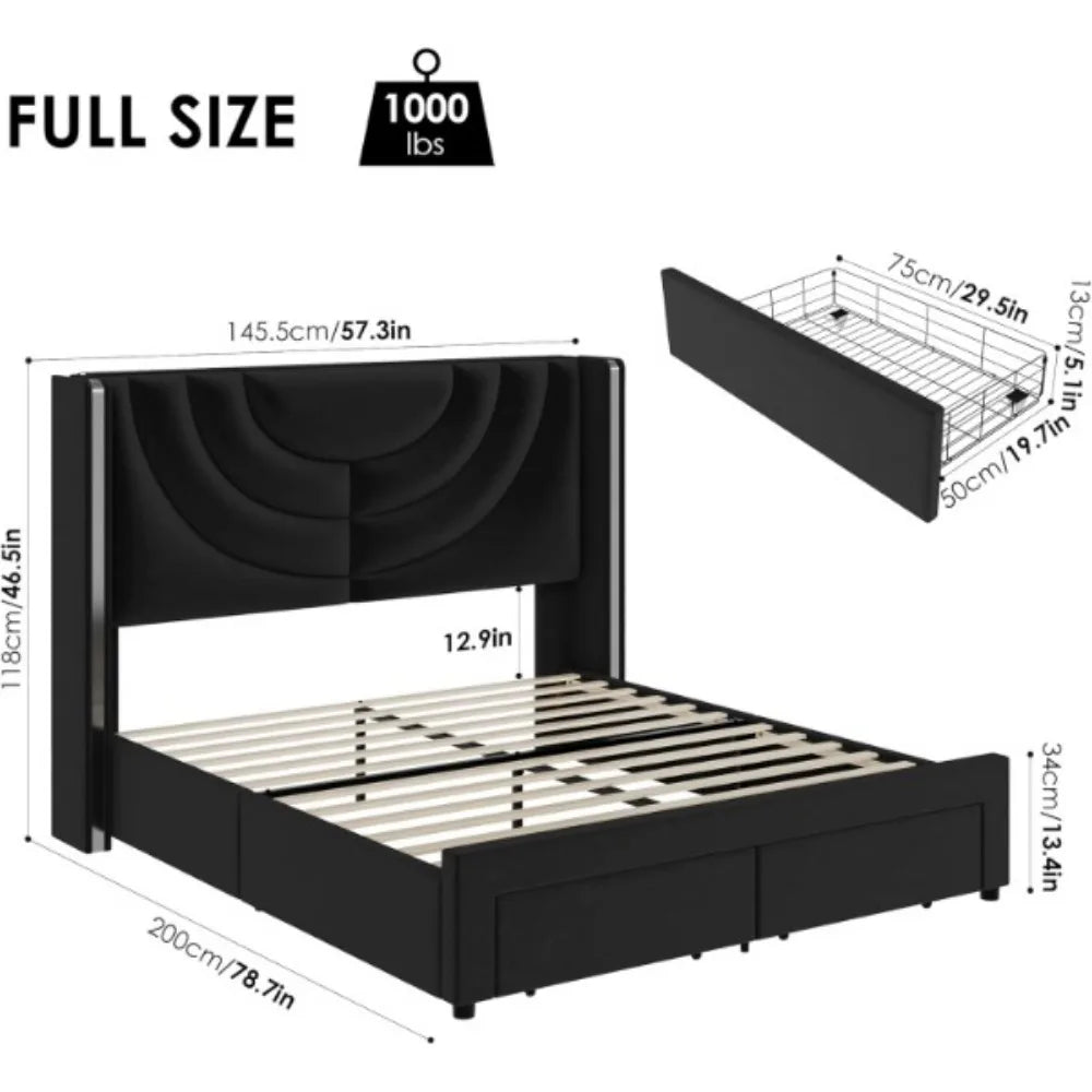 Upholstered Bed Frame with 2 Storage Drawers