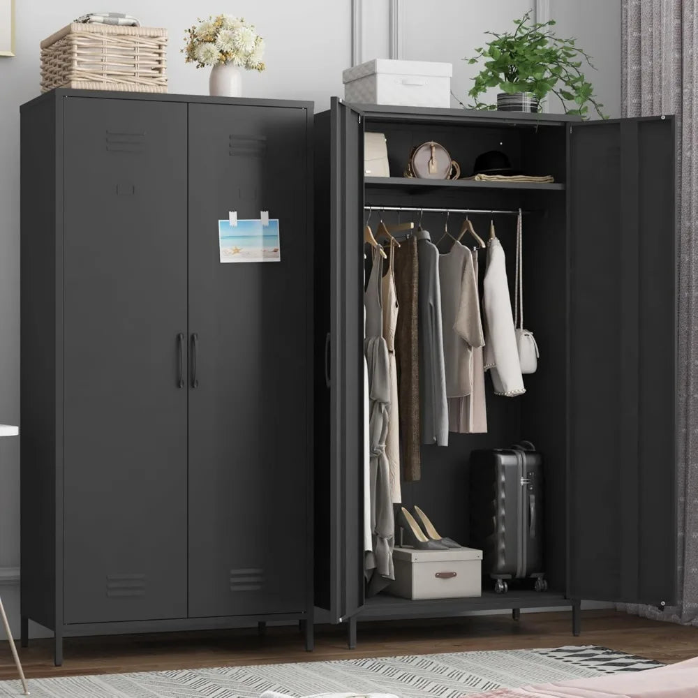 Heavy-Duty Rustproof Metal Storage Cabinet with Fixed Shelf and Hanging Rod