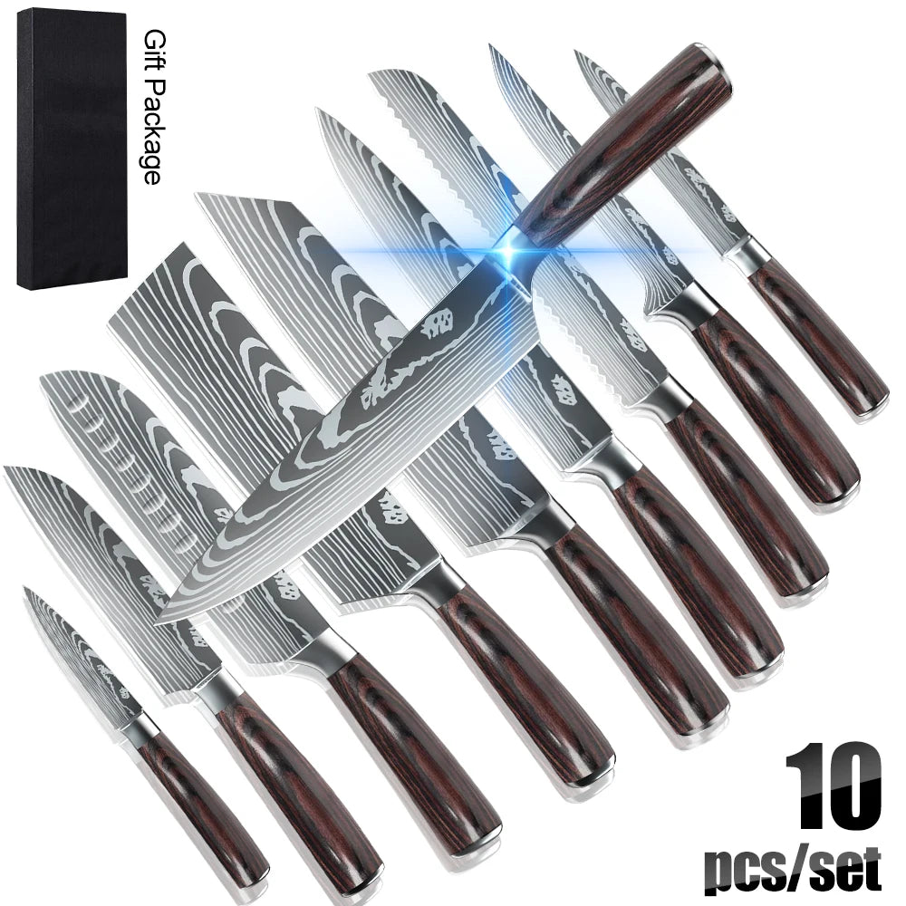 Laser Damascus Pattern Japanese Kitchen Knives Set With Chef Knife