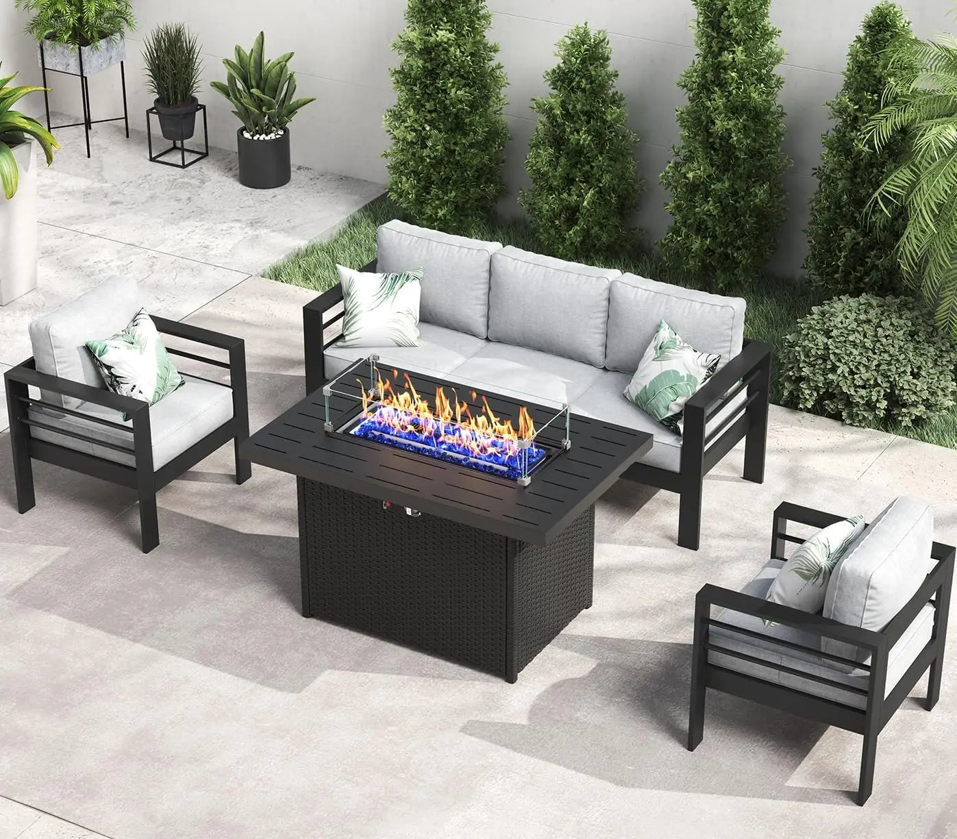 5 Piece Aluminum Patio Furniture Set with Fire Pit Table