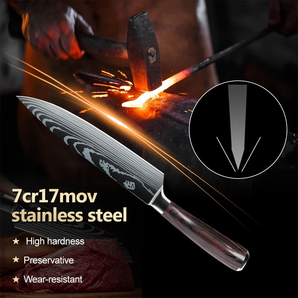 Laser Damascus Pattern Japanese Kitchen Knives Set With Chef Knife