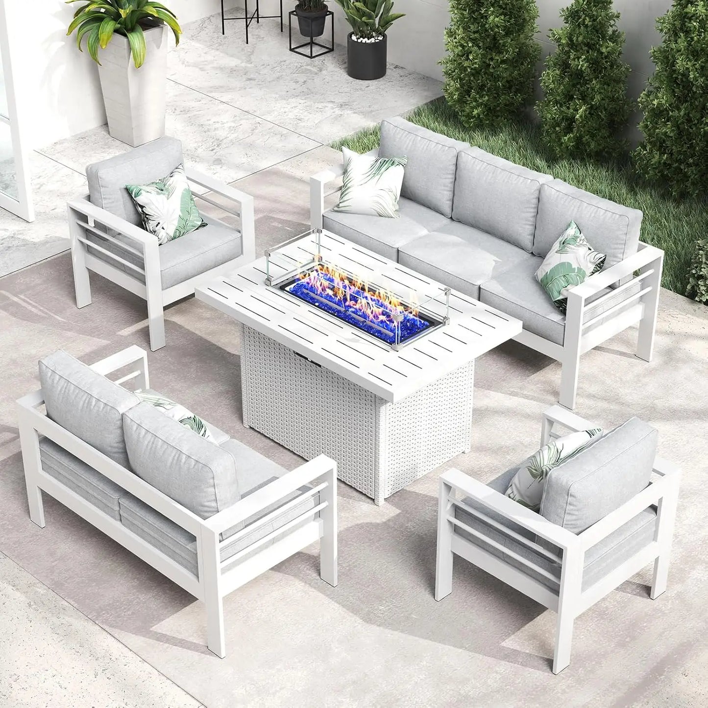5 Piece Aluminum Patio Furniture Set with Fire Pit Table