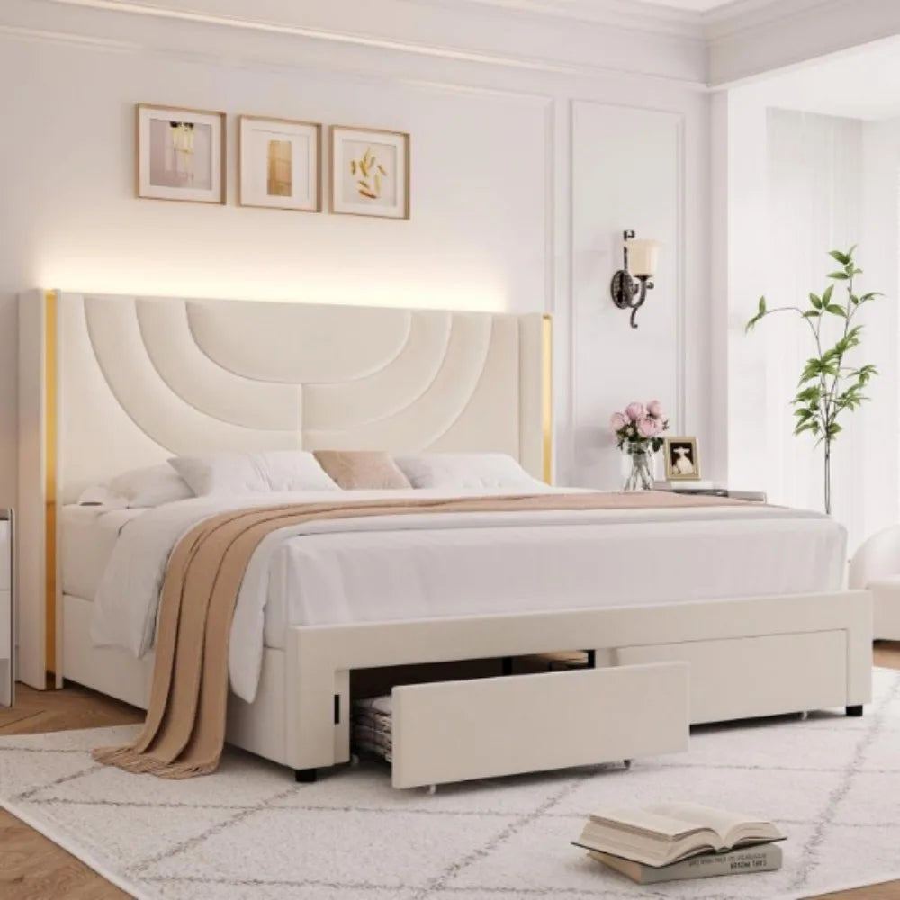 Upholstered Bed Frame with 2 Storage Drawers