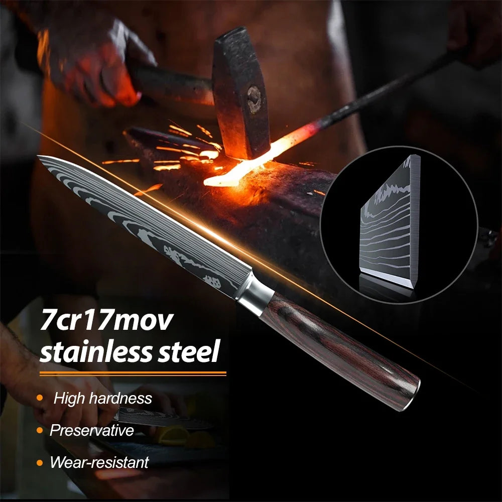 Laser Damascus Pattern Japanese Kitchen Knives Set With Chef Knife
