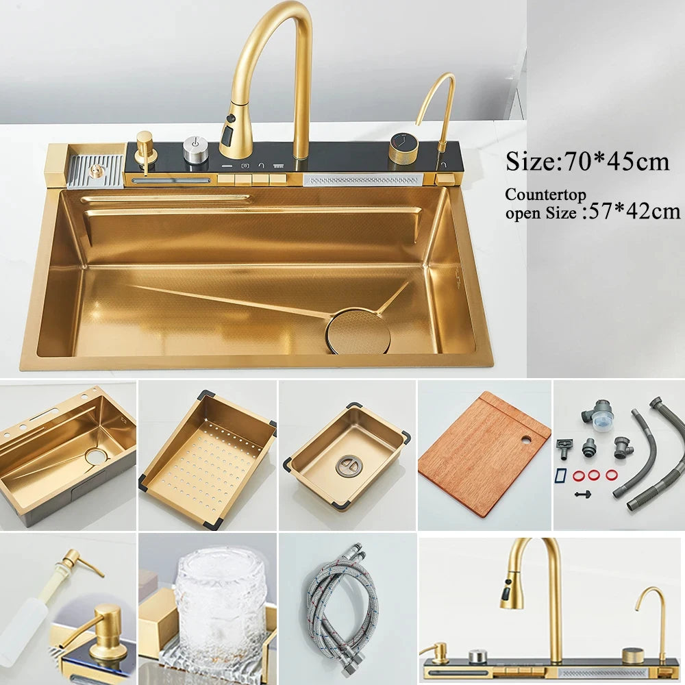 Stainless Steel Waterfall Kitchen Sink With Large Single Slot Integrated Digital Display, Faucet Set, Soap Dispenser And Cup Washer