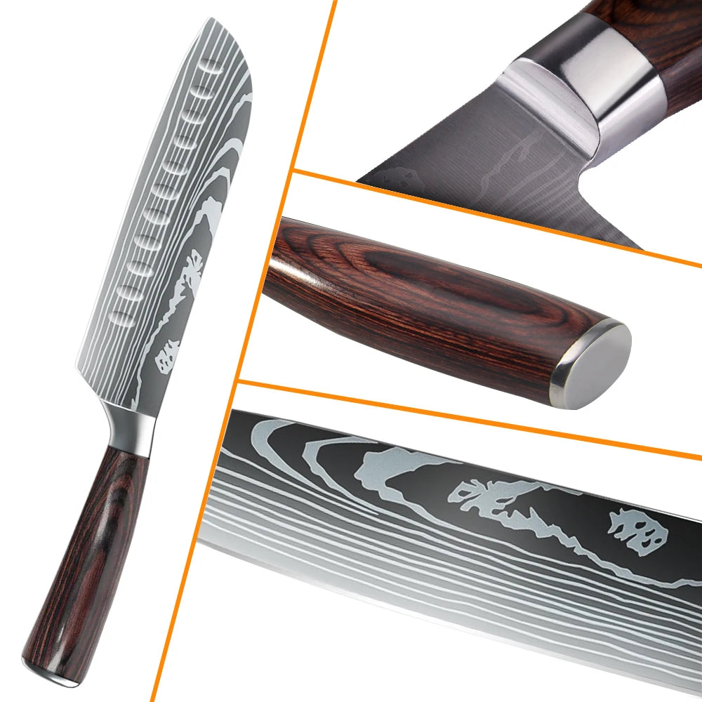 Laser Damascus Pattern Japanese Kitchen Knives Set With Chef Knife