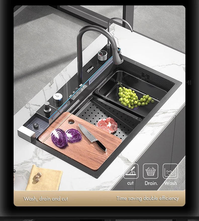 Stainless Steel Waterfall Kitchen Sink With Large Single Slot Integrated Digital Display, Faucet Set, Soap Dispenser And Cup Washer