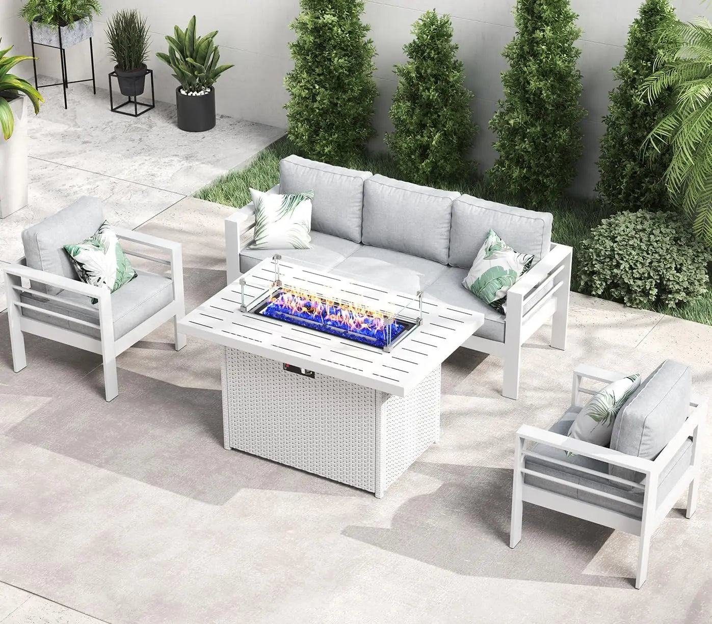 5 Piece Aluminum Patio Furniture Set with Fire Pit Table