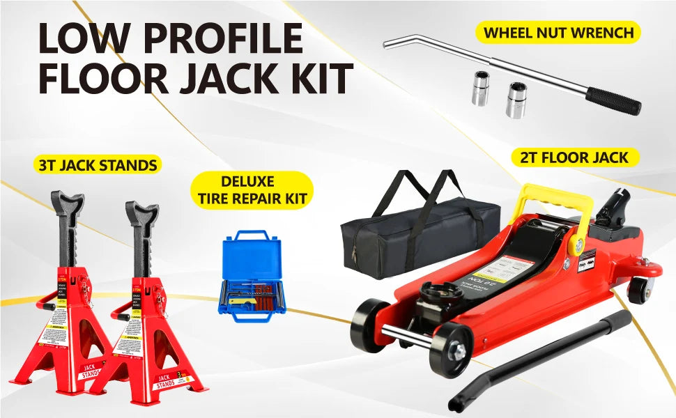 2T Low Profile Floor Jack with 3T Jack Stands and Tire Repair Kit