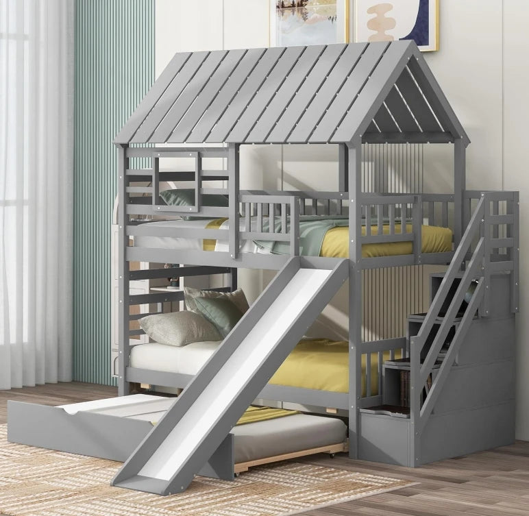 Kids Twin Over Twin Bunk Beds with Slide and Trundle