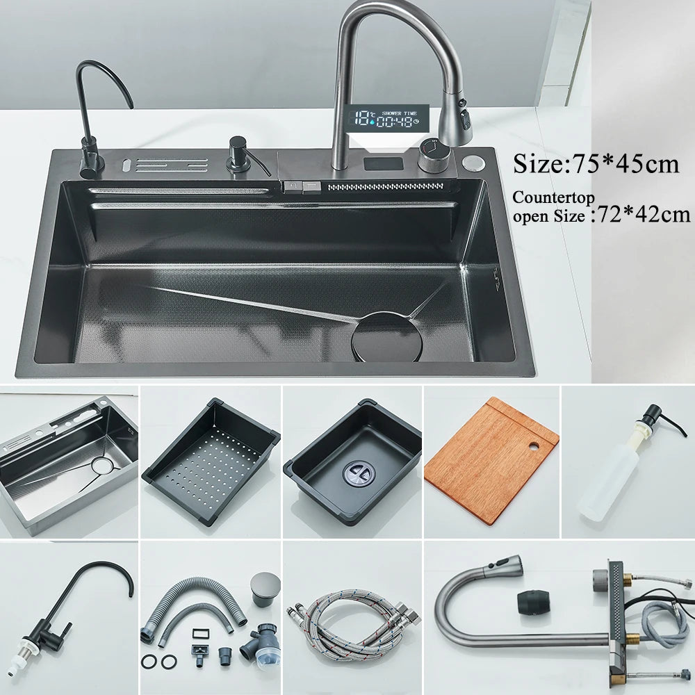 Stainless Steel Waterfall Kitchen Sink With Large Single Slot Integrated Digital Display, Faucet Set, Soap Dispenser And Cup Washer