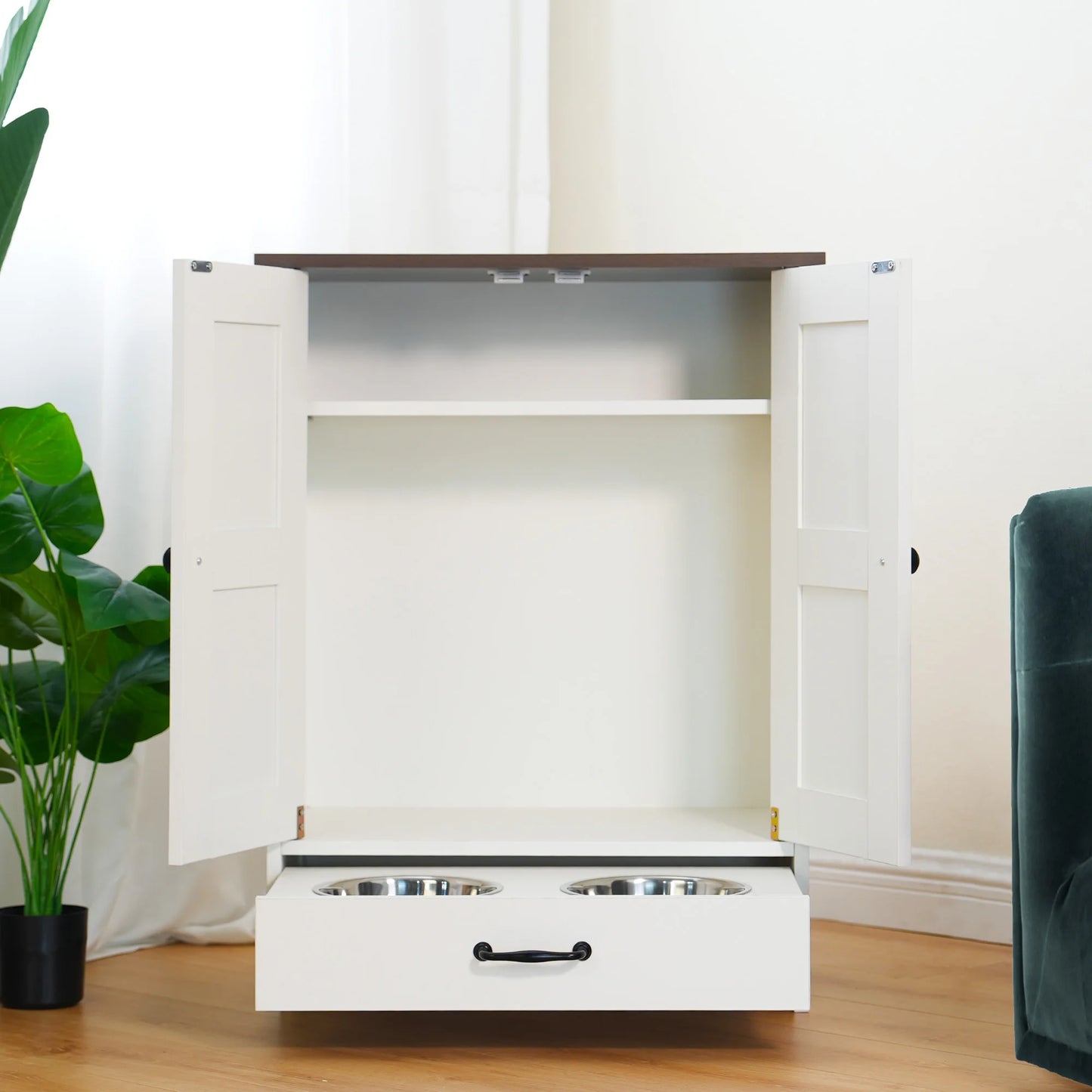 Pet Feeding Station And Food Storage Cabinet with 3 Hooks