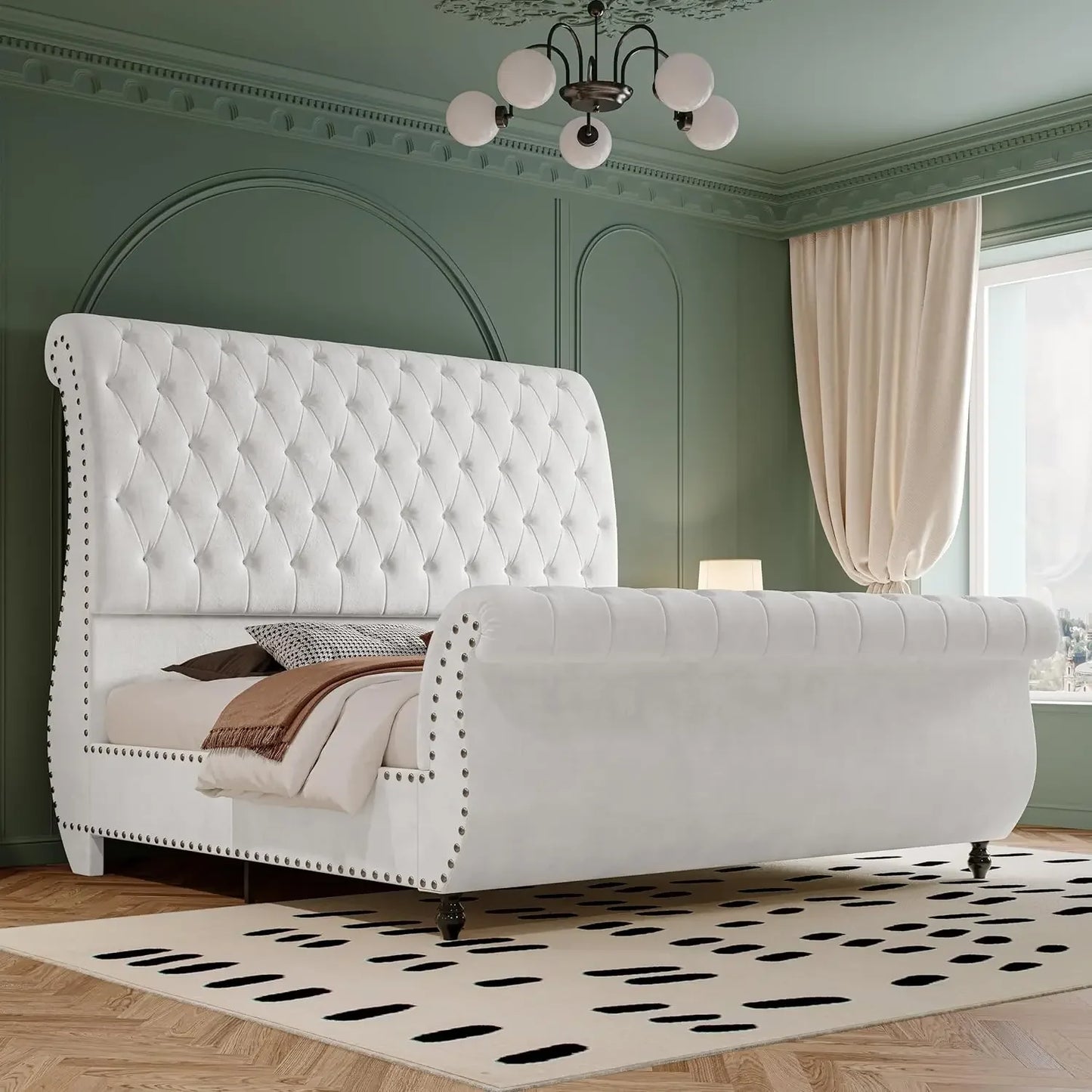 Queen Size Velvet Upholstered Platform Sleigh Bed with Scroll Headboard & Footboard