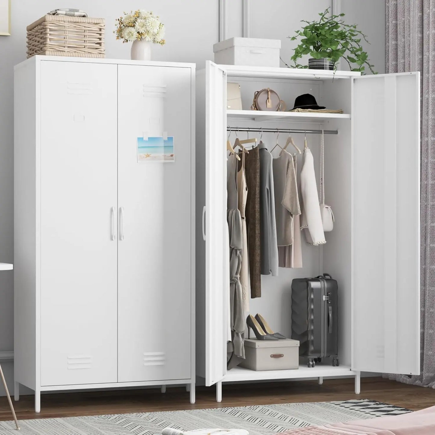 Heavy-Duty Rustproof Metal Storage Cabinet with Fixed Shelf and Hanging Rod