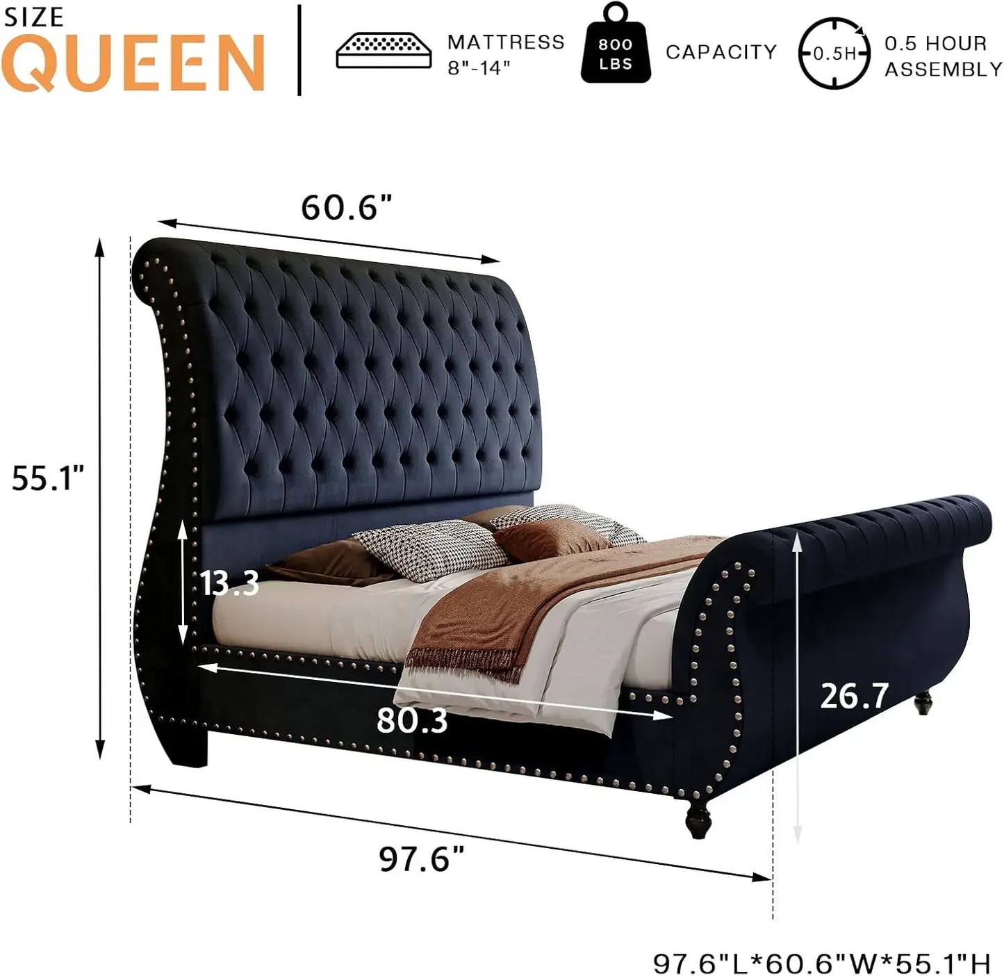 Queen Size Velvet Upholstered Platform Sleigh Bed with Scroll Headboard & Footboard
