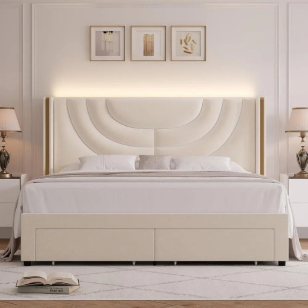 Upholstered Bed Frame with 2 Storage Drawers