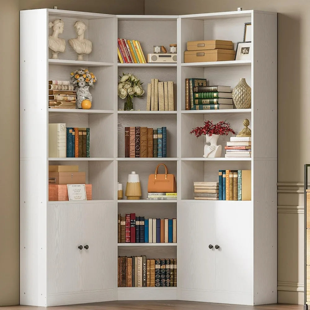 71" Corner Bookshelf with 2 Storage Cabinets and 7 Tier Adjustable Shelves