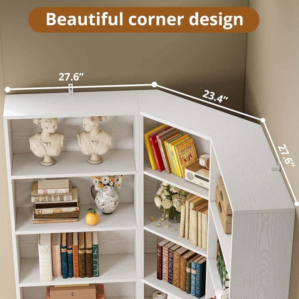 71" Corner Bookshelf with 2 Storage Cabinets and 7 Tier Adjustable Shelves