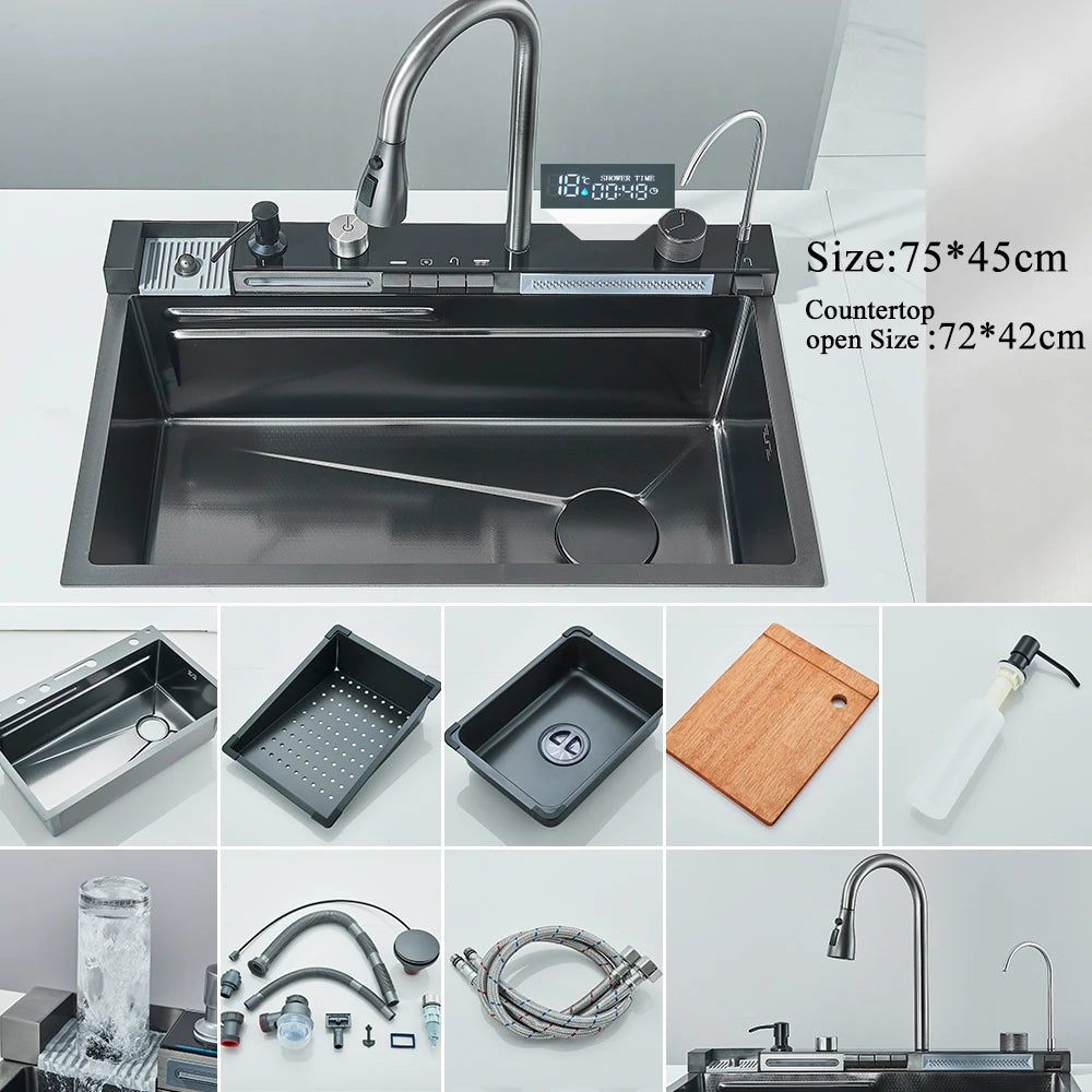 Stainless Steel Waterfall Kitchen Sink With Large Single Slot Integrated Digital Display, Faucet Set, Soap Dispenser And Cup Washer