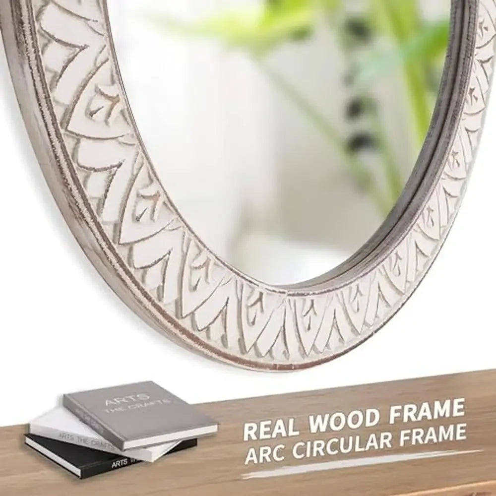 24" Round Distressed Wooden Frame - Decorative Wall Mirror