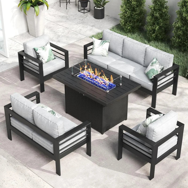 5 Piece Aluminum Patio Furniture Set with Fire Pit Table